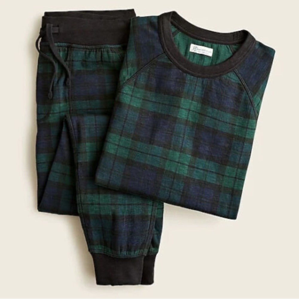 J crew mens double knit lounge shirt green plaid
